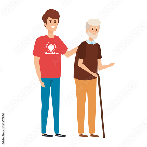 young man volunteer helping a grandfather