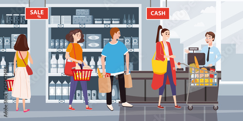 Supermarket or store interior with shelves and goods, groceries, cash desk and cashier. Men and women buyers, cart products