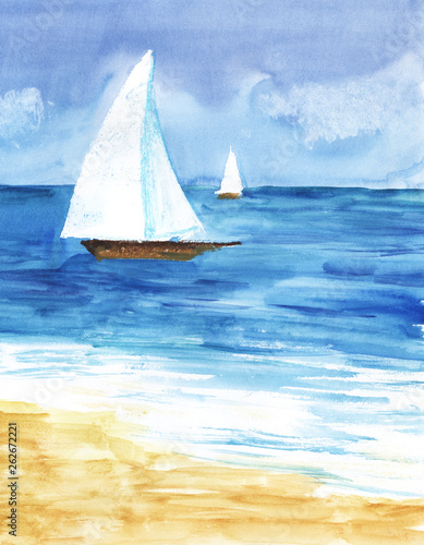 Obraz na płótnie Two white sailboats in the endless blue sea under the sky