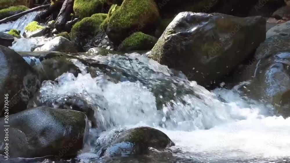 Camera zoom out of water flowing over moss covered rocks in a mountain stream on a warm spring day Camera zoom out of water flowing over moss covered rocks in a mountain stream on a warm spring day