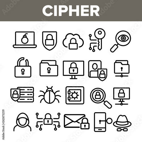 Cipher Linear Vector Icons Set. Information Encryption Thin Line Contour Symbols Pack. Digital Security Pictograms Collection. Privacy, Anonymity, Confidentiality. Cybersecurity Outline Illustrations