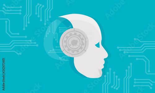AI technology. Artificial Intelligence Technology with Machine Learning Head and Code Robot Vector Illustration