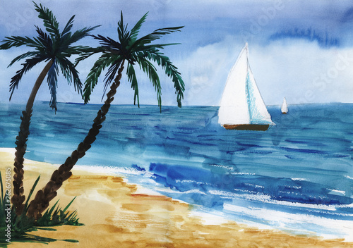 Two white sailboats in the endless blue sea under the sky. In the foreground is a sandy beach with dark silhouettes of palm trees. Hand-drawn watercolor illustration.