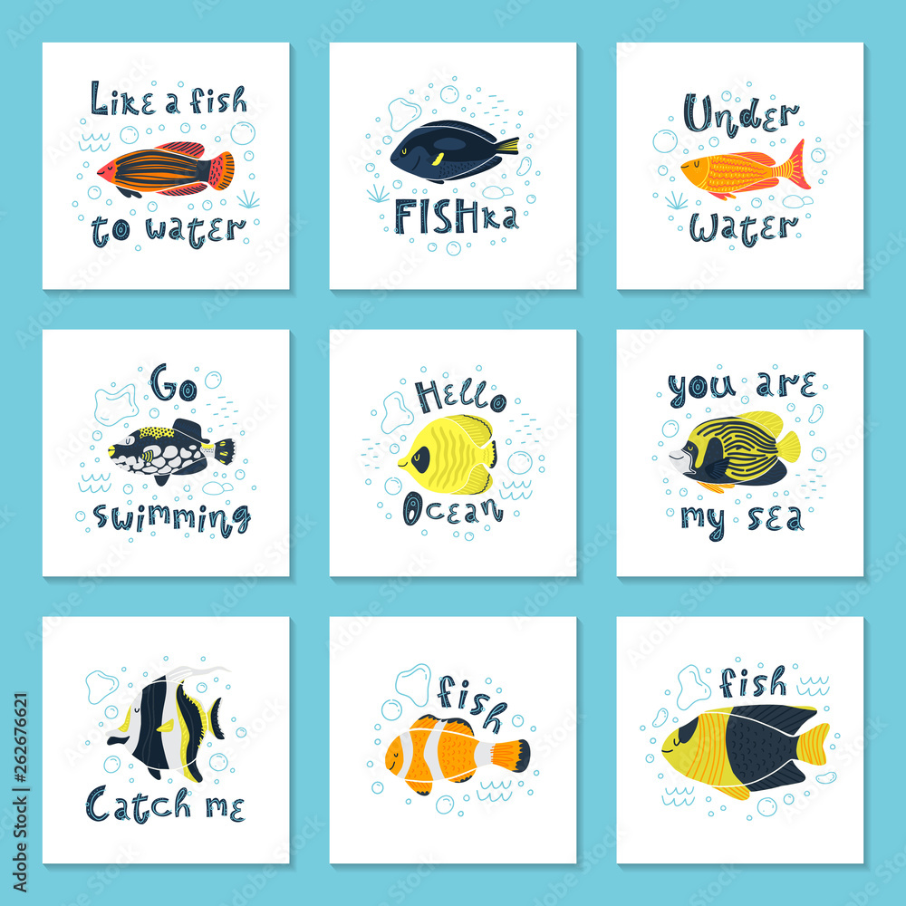 Set of vector illustrations - a cute tropical fish in water with bubbles. Original lettering. For pet shops, aquariums, children's rooms, t-shirts, postcards and posters. Isolated on white background.