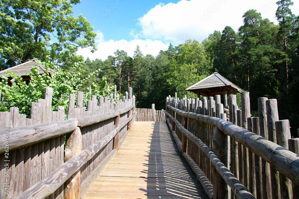 wooden bridge in a deep forest with wooden buildings