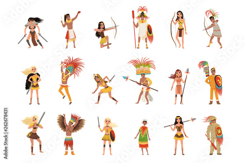 Aztec warriors set, men and women in traditional clothes and headgear with weapon vector Illustrations on a white background