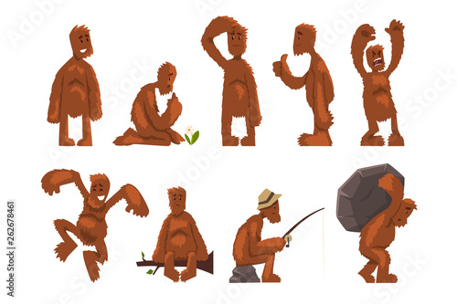 Funny bigfoot cartoon character set, mythical creature in different situations vector Illustrations on a white background
