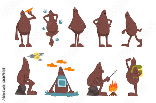 Bigfoot cartoon character set, funny mythical creature in different situations vector Illustrations on a white background