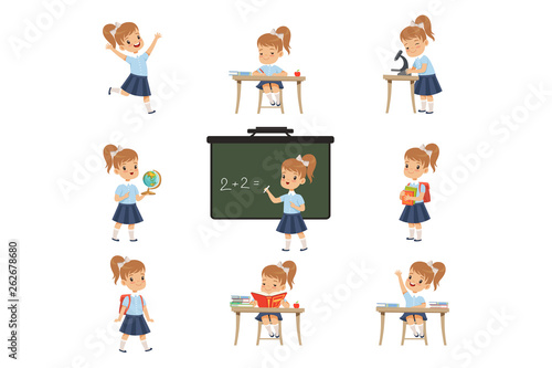 Cute schoolgirl student in uniform in various activities set, girl at lessons of biology, geography, mathematics vector Illustrations on a white background