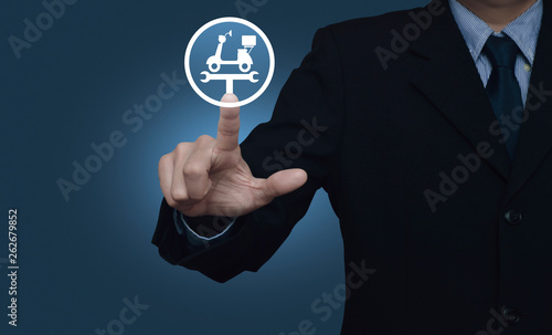 Businessman pressing service fix motorcycle with wrench tool flat icon over gradient light blue background, Business repair motorbike service concept