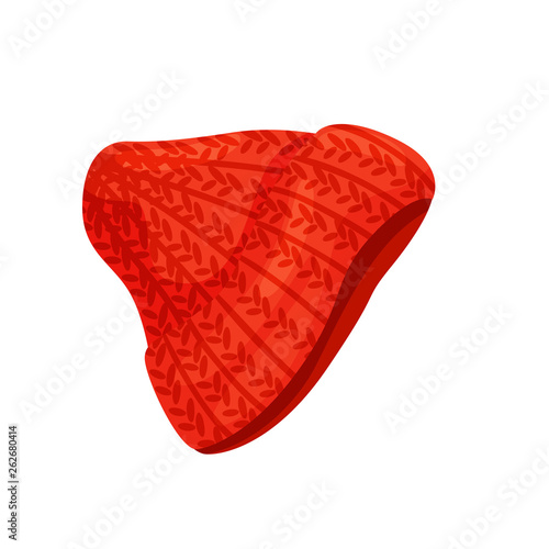 Casual red knitted hat without pompon. Vector illustration.