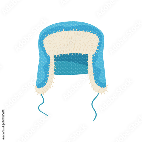 Cap closing ears with strings and fur. Vector illustration.