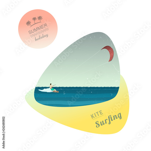 Man rides wakeboard with kite. Kitesurfing illustration