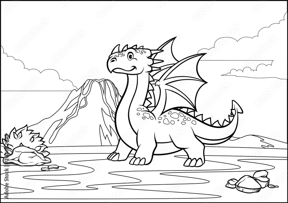 black and white coloring page dragon and volcano mountain Stock Vector
