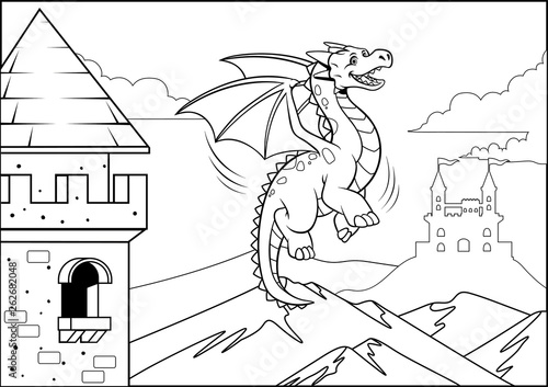 black and white coloring page dragon in the castle