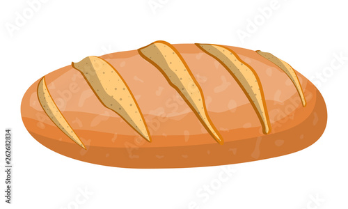 Loaf of wheat bread. Grain bread roll. Baked food. Baguette. Bakery shop. Vector illustration in flat style