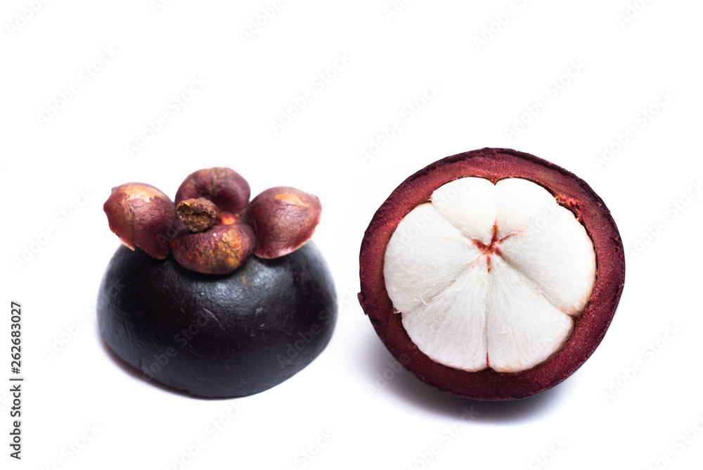 Fototapeta premium Mangosteen whole and half cut isolated on white background. Mangosteen is a queen of fruit in Thailand and asia fruit have a sweet. Mangosteen background. Mangosteen is a popular fruit in Thailand.