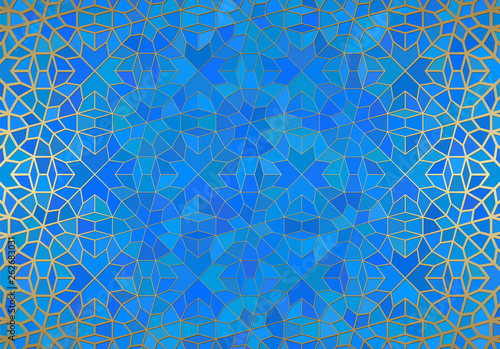 Abstract background with islamic ornament, arabic geometric texture. Golden lined tiled motif.