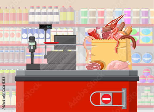 Supermarket store, retail groceries. Big shopping mall. Interior store inside. Checkout counter, cash machine, meat grocery, drinks, food, fruits and dairy products. Vector illustration in flat style