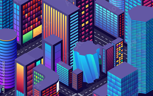 Background with city view with isometric perspective and vibrant neon colors
