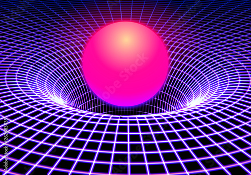 Black hole or gravity grid with glowing ball or sun in 80s synthwave and style