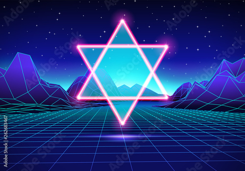Retro futuristic landscape with neon hex star and shiny grid