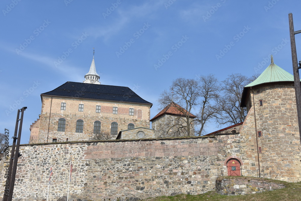 View of Medieval Akershus Castle (from 1299) and fortress in Oslo, Norway. Akershus Castle was built to protect Oslo.