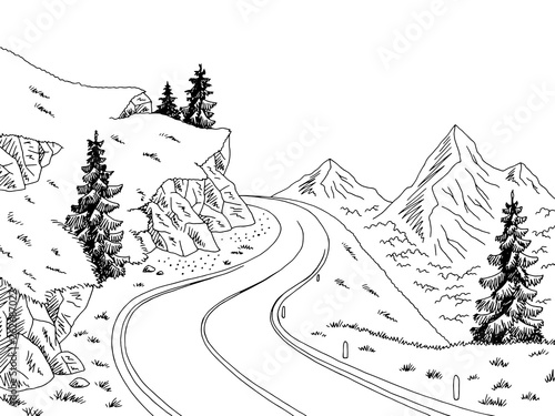 Mountain road graphic black white landscape sketch illustration vector