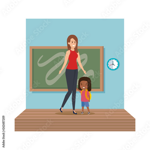 young teacher female with schoolgirl classroom scene