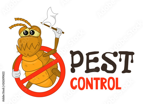 Funny vector illustration of pest control logo for fumigation business. Comic locked flea. Design for print, emblem, t-shirt, sticker, logotype, corporate identity, icon.