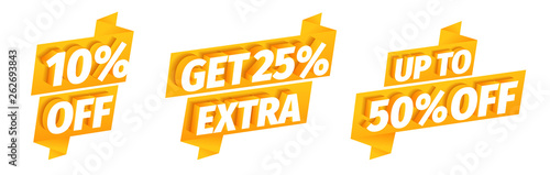 Up to 10 25 50 percent off. Get extra sale. Discount set. Word 3d letters on a orange golden ribbon background. Advertising promotion special offer. Vector color Illustration clipart.
