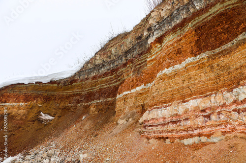  texture of different layers of clay underground in  clay quarry after geological study of soil.