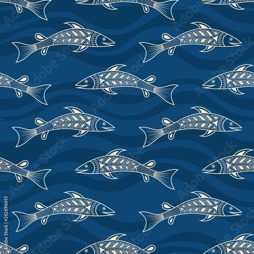 Seamless pattern of fishes silhouettes. Australian art.