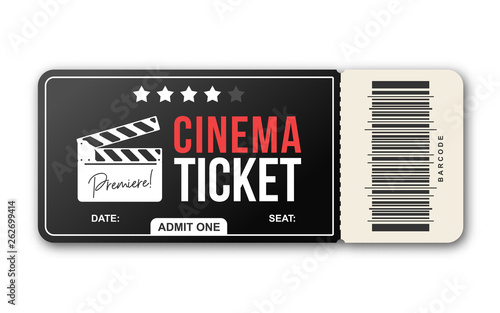 Cinema ticket on white background. Movie ticket template in black and red colors