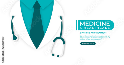 Medical and health care concept background. Doctor in lab coat with stethoscope on white background
