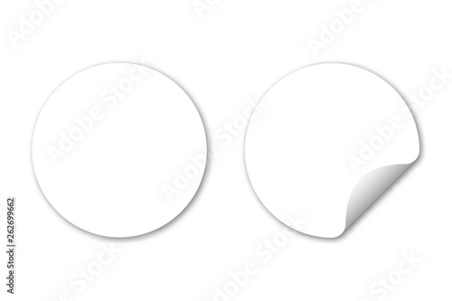 White round adhesive sticker. Paper stickers with curled corner. Realistic round stickers template, tag or label mockup