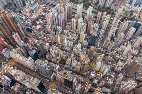 Drone fly over Hong Kong downtown city