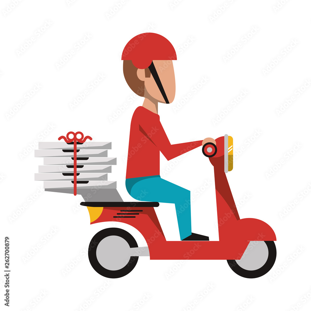 Courier driving scooter with pizzas