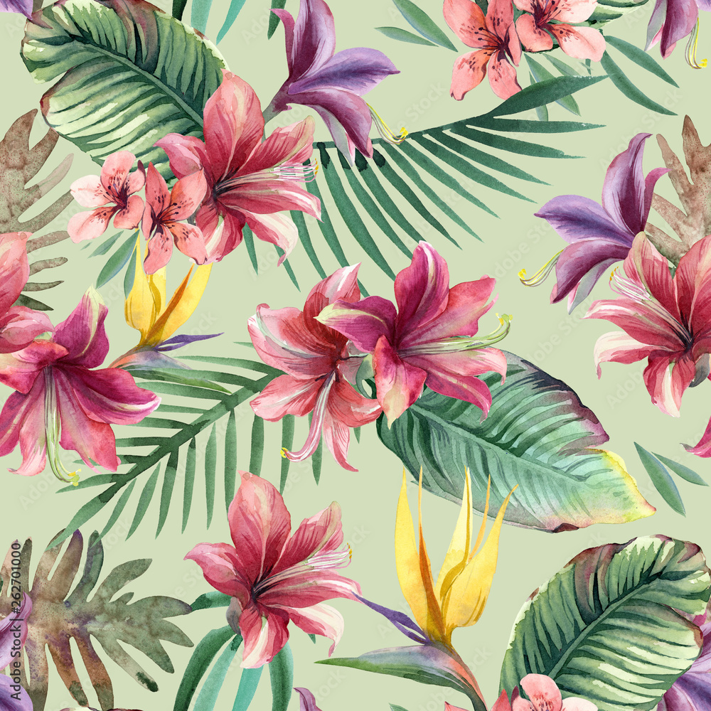 Watercolor seamless pattern of tropical flowers, palm and leaves on light background Watercolor seamless pattern of tropical flowers, palm and leaves on light background
