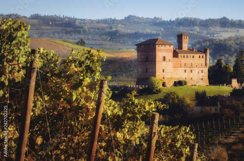 Sunset in autumn, during harvest time, at the castle of Grinzane Cavour, surrounded by the vineyards of Langhe, the most importan wine district of Italy and Unesco Heritage for its landscape photo