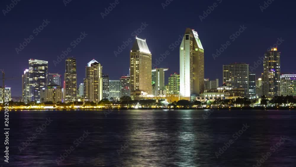 San Diego City Skyline at Night Time Lapse with Ocean Front and Reflections from Coronado. San Diego City Skyline at Night Time Lapse with Ocean Front and Reflections from Coronado.