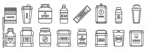 Protein sport nutrition icons set. Outline set of protein sport nutrition vector icons for web design isolated on white background