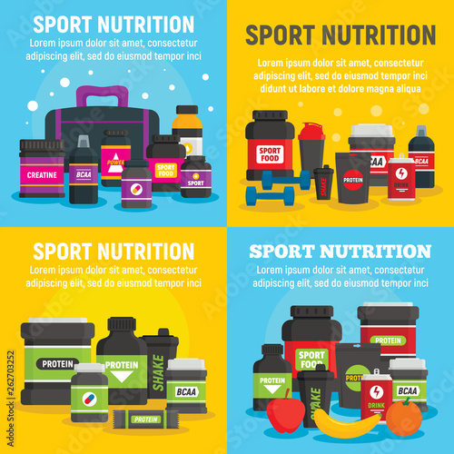 Sport nutrition banner set. Flat illustration of sport nutrition vector banner set for web design