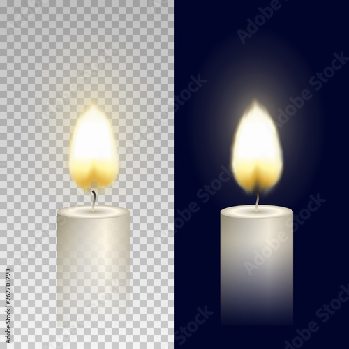 Wax round candle with burning flame light isolated on transparent background. Vector candlelight element design.