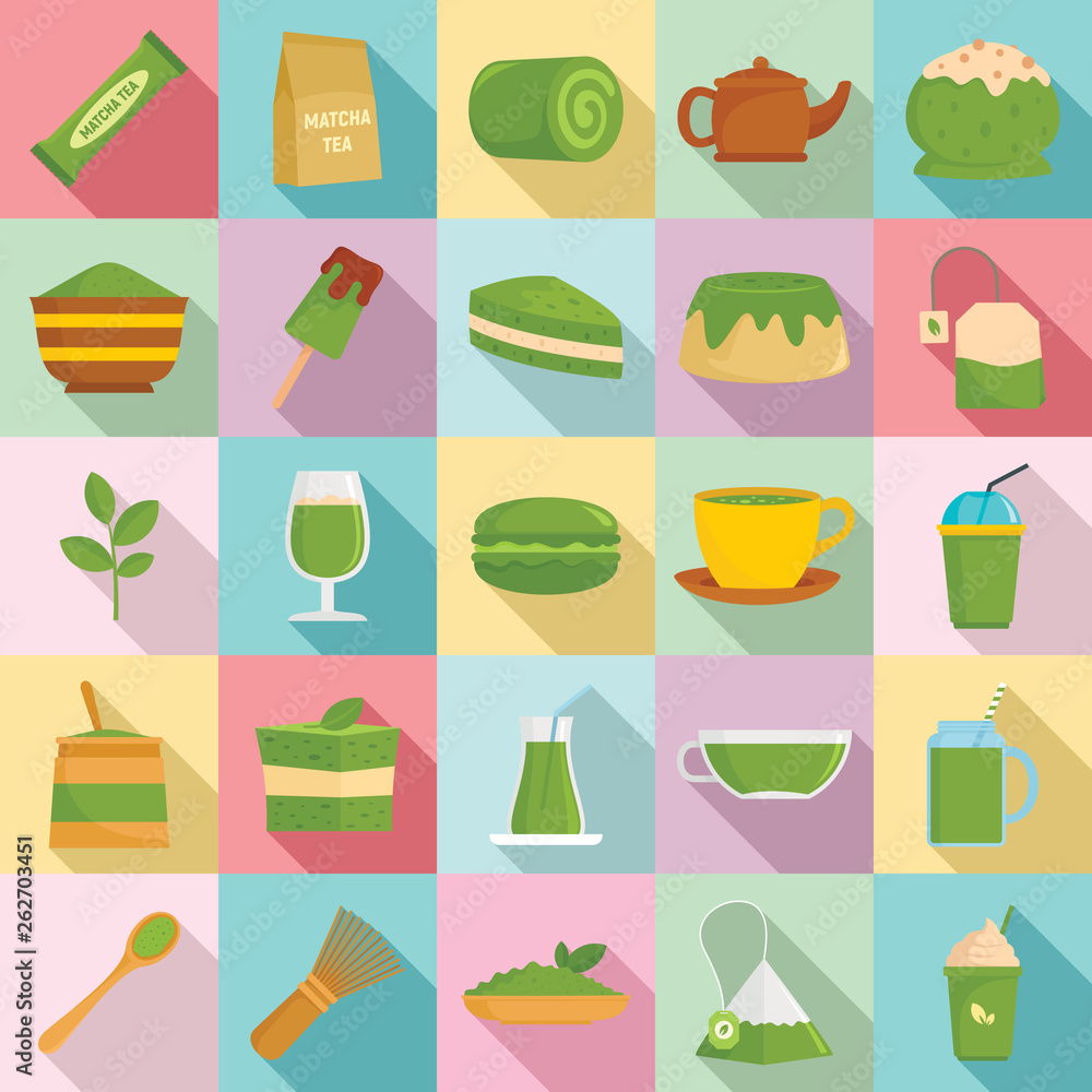 Matcha tea icons set. Flat set of matcha tea vector icons for web design Matcha tea icons set. Flat set of matcha tea vector icons for web design