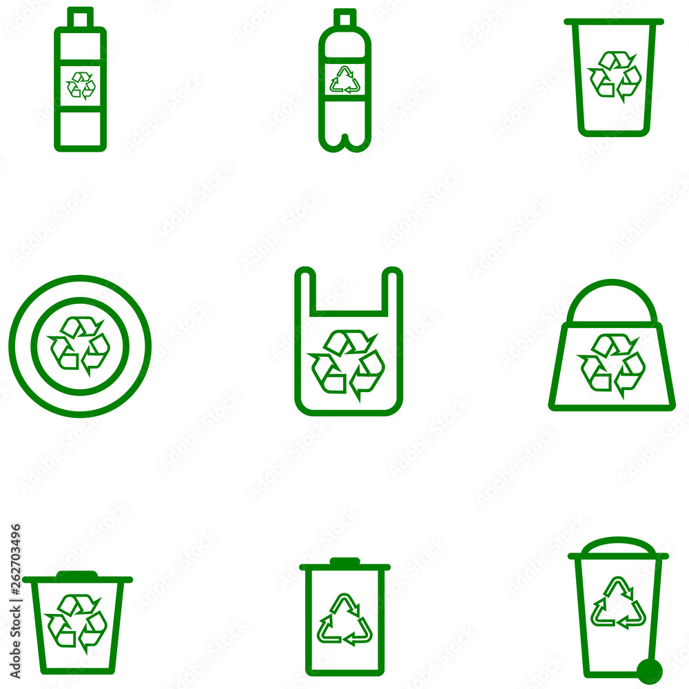 Set icon of plastic products with a mark of recycling Set icon of plastic products with a mark of recycling