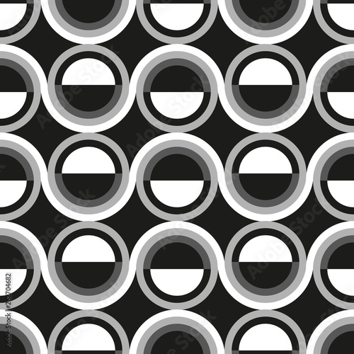 Geometric composition in the style of constructivism. Abstract stylish seamless pattern with geometric shapes. Circles, stripes, lines. Cloth design. Wallpaper, wrapping