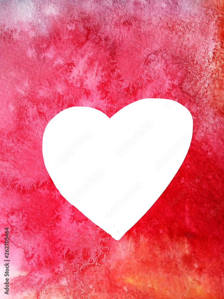 White heart as frame on the background of red watercolor abstract background for cards or greetings