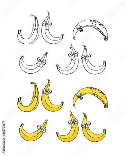 Set of hand drawn cute bananas. Vector illustration.
