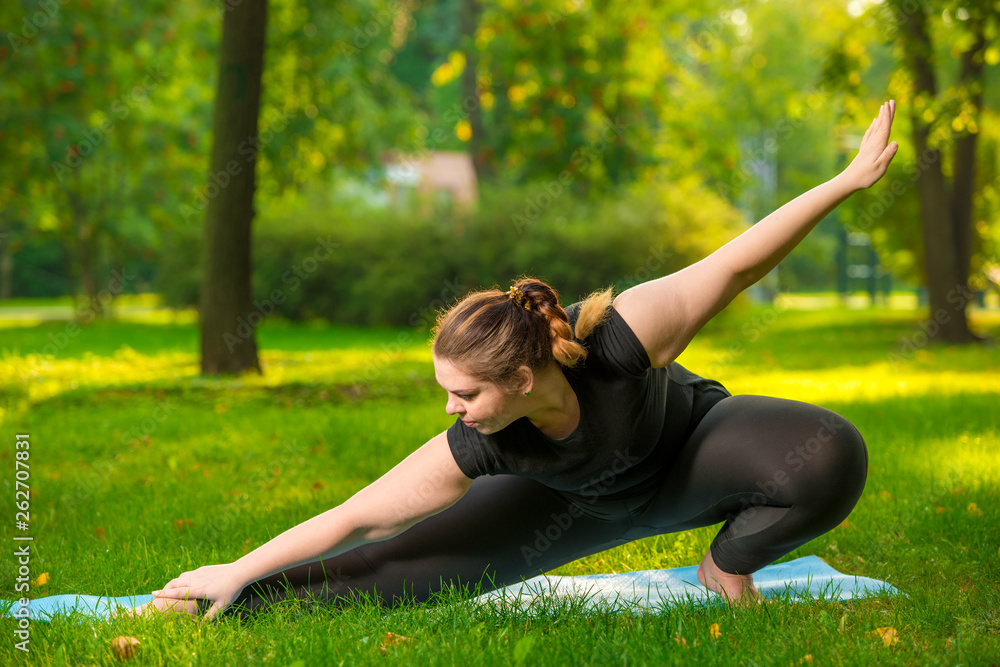 flexible woman plus size in the park on the lawn performs stretching exercises flexible woman plus size in the park on the lawn performs stretching exercises
